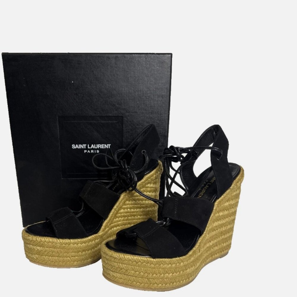 Saint Laurent Black Suede Espadrille Lace Up Wedge Sandals 37 US 7